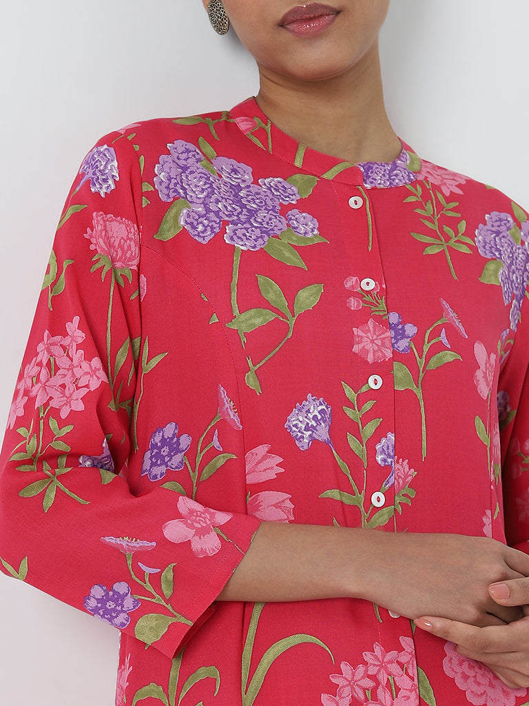 Utsa Pink Floral Design A-Line Cotton Kurta