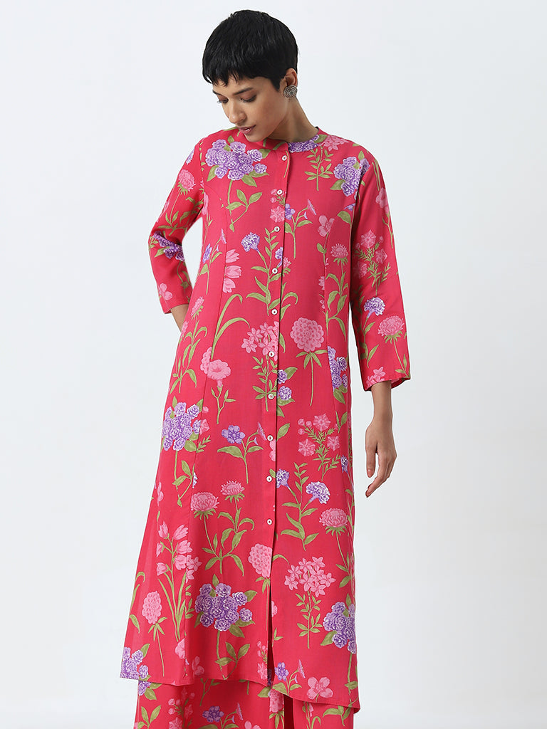 Utsa Pink Floral Design A-Line Cotton Kurta