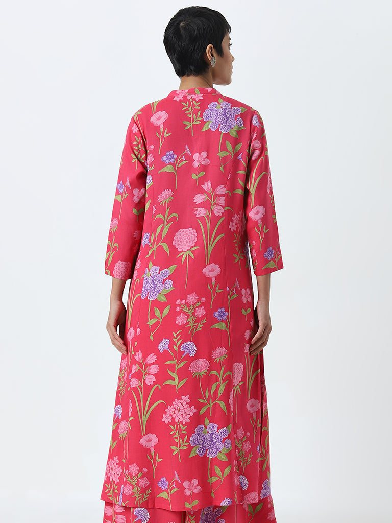 Utsa Pink Floral Design A-Line Cotton Kurta