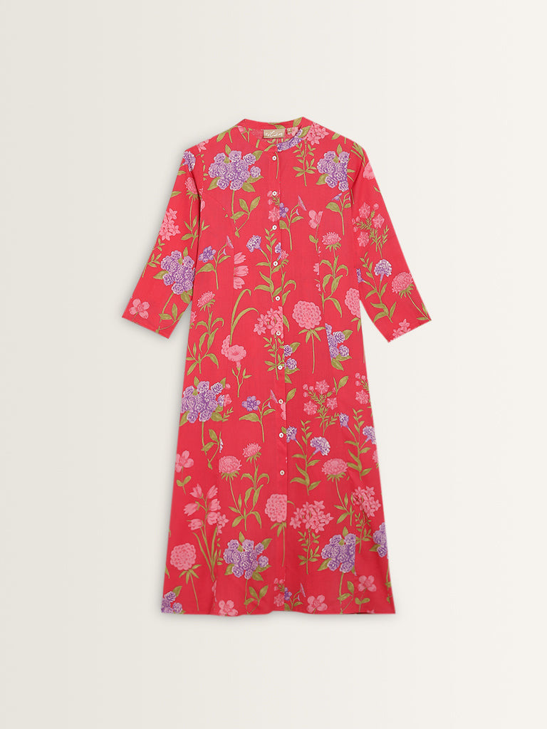 Utsa Pink Floral Design A-Line Cotton Kurta