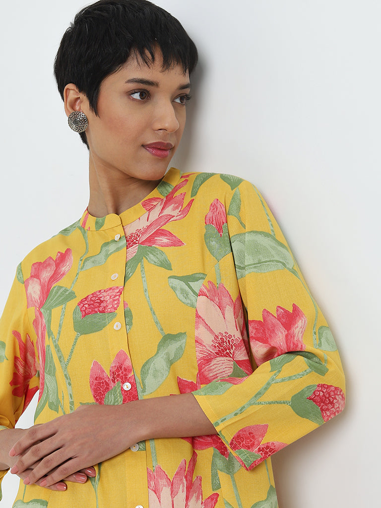 Utsa Yellow Floral Printed A-Line Kurta