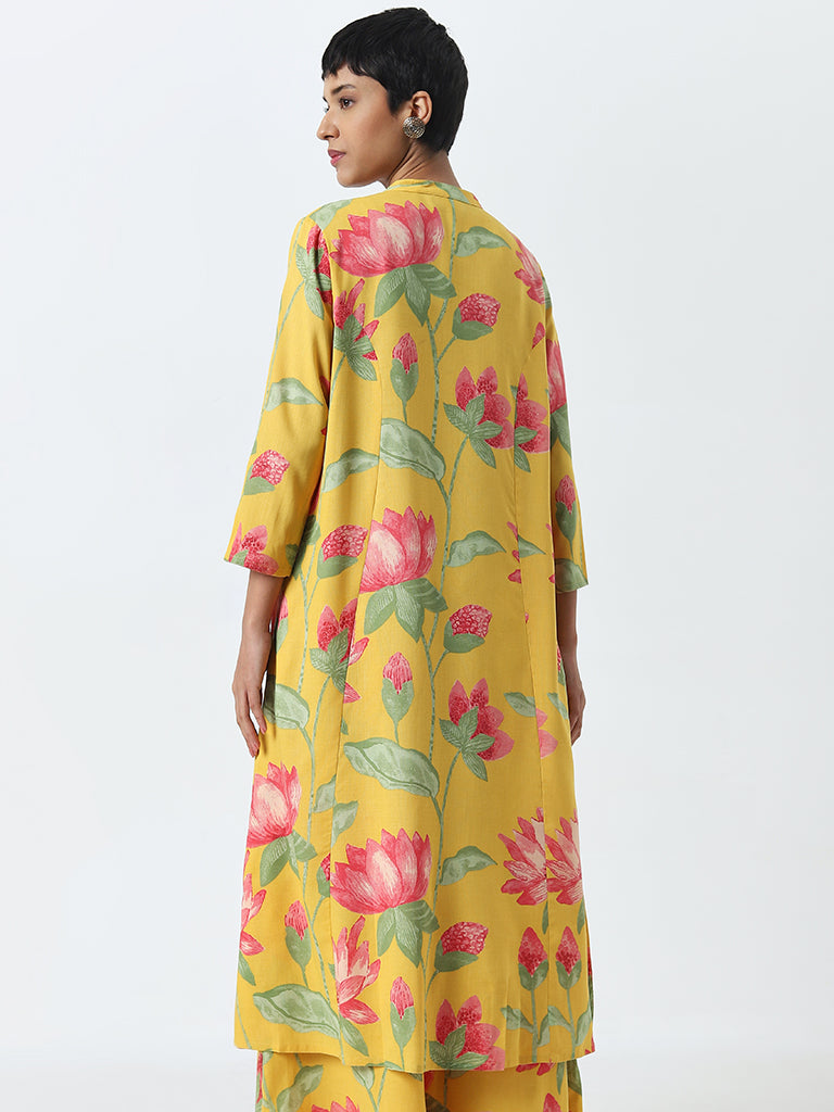 Utsa Yellow Floral Printed A-Line Kurta