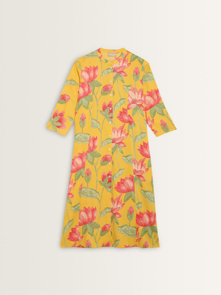 Utsa Yellow Floral Printed A-Line Kurta