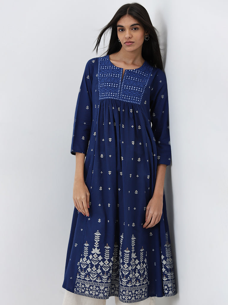 Utsa Dark Blue Printed Fit-and-Flare Cotton Kurta