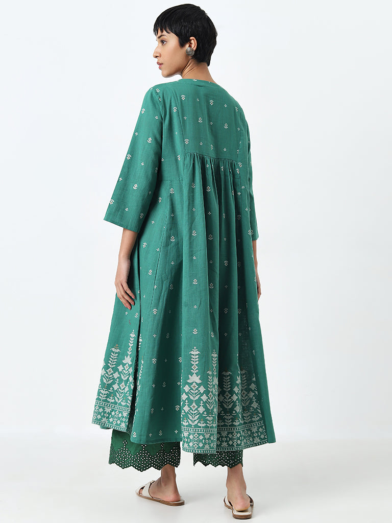 Utsa Dark Green Mirror-Work Detailed A-Line Cotton Kurta