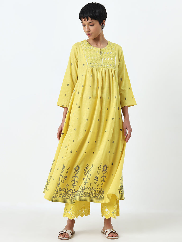 Utsa Yellow Mirror-Work Detailed A-Line Cotton Kurta