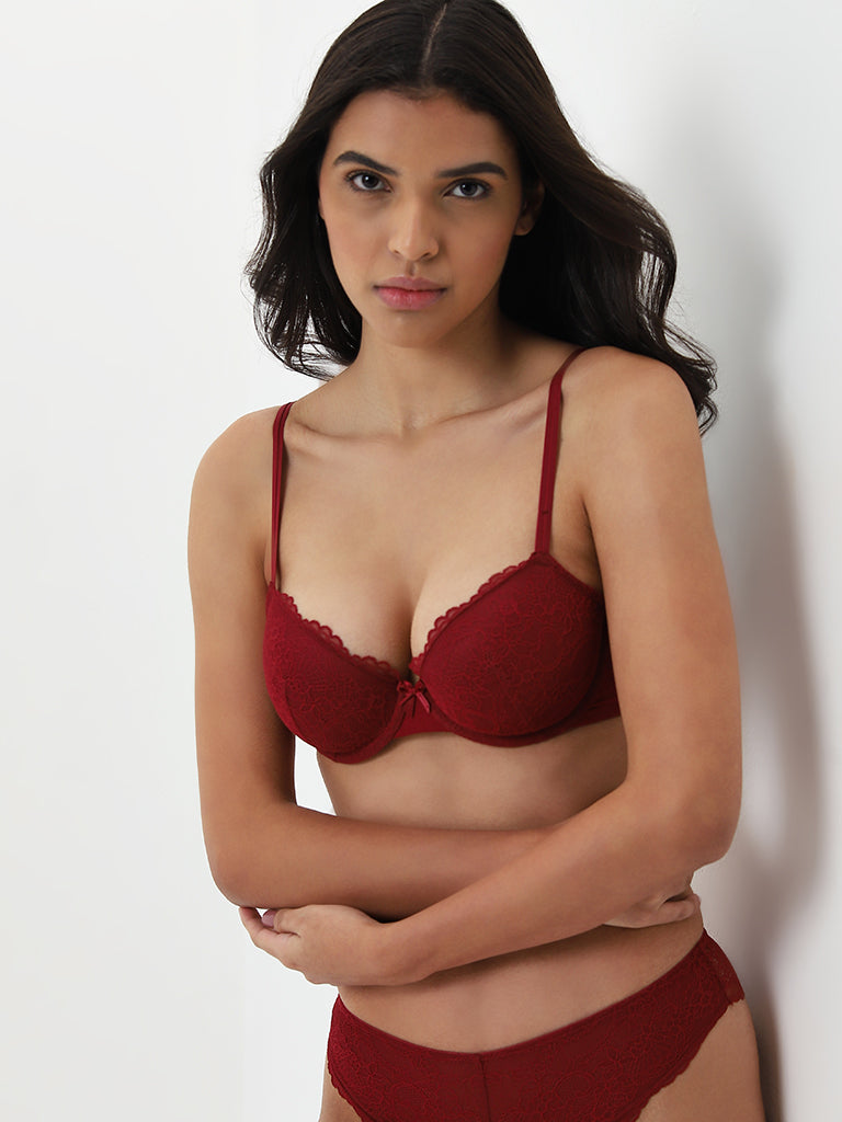 Wunderlove Dark Red Lace Design Underwired Bra