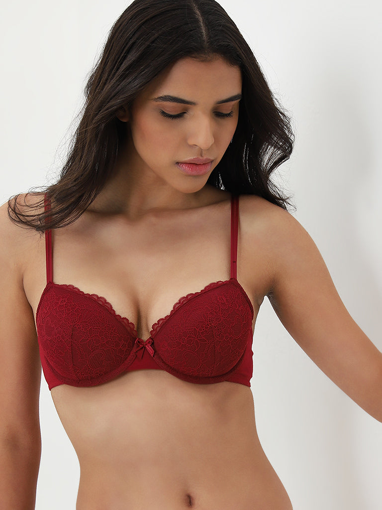 Wunderlove Dark Red Lace Design Underwired Bra