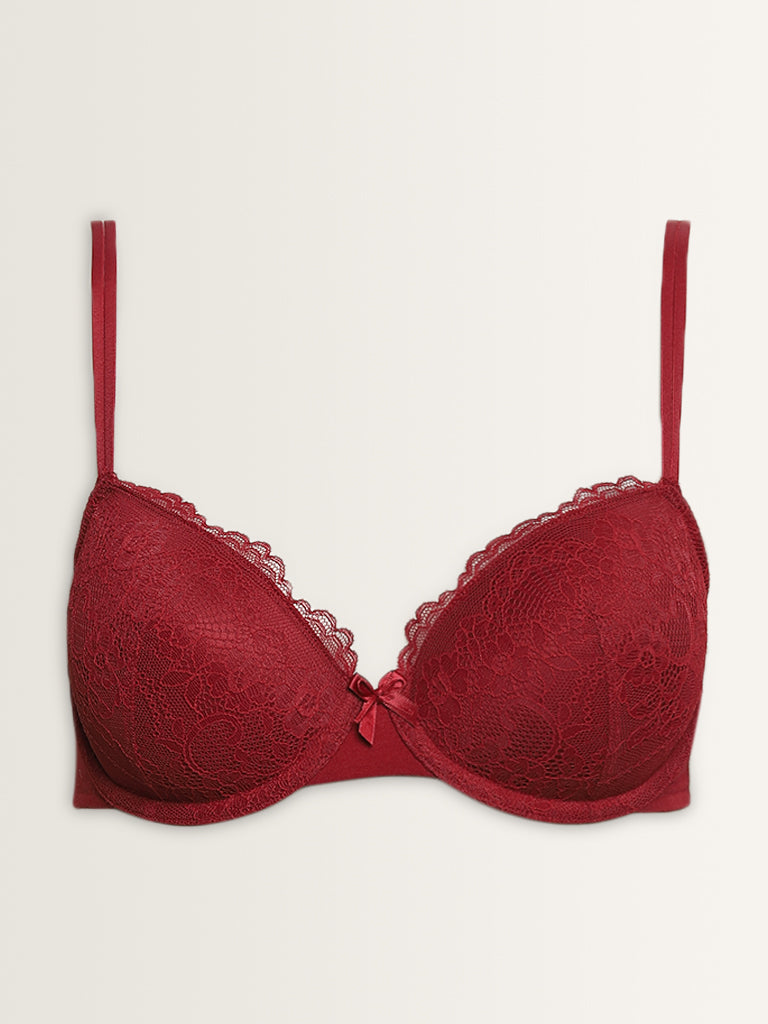 Wunderlove Dark Red Lace Design Underwired Bra