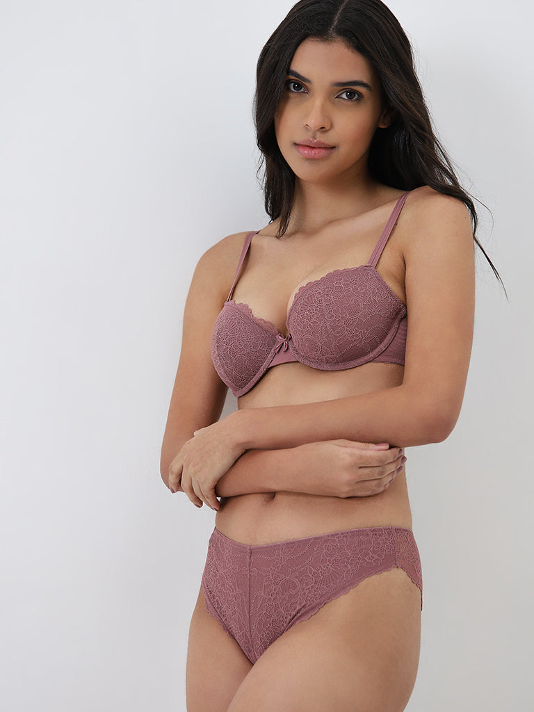 Wunderlove Dusty Mauve Lace Design Underwired Bra