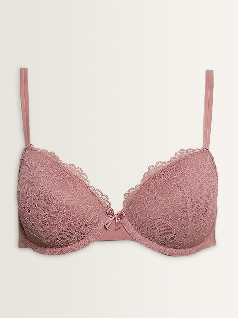 Wunderlove Dusty Mauve Lace Design Underwired Bra