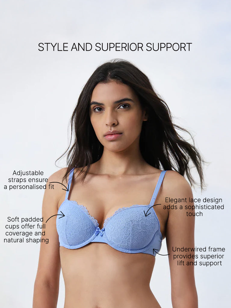 Wunderlove Blue Lace Design Underwired Bra