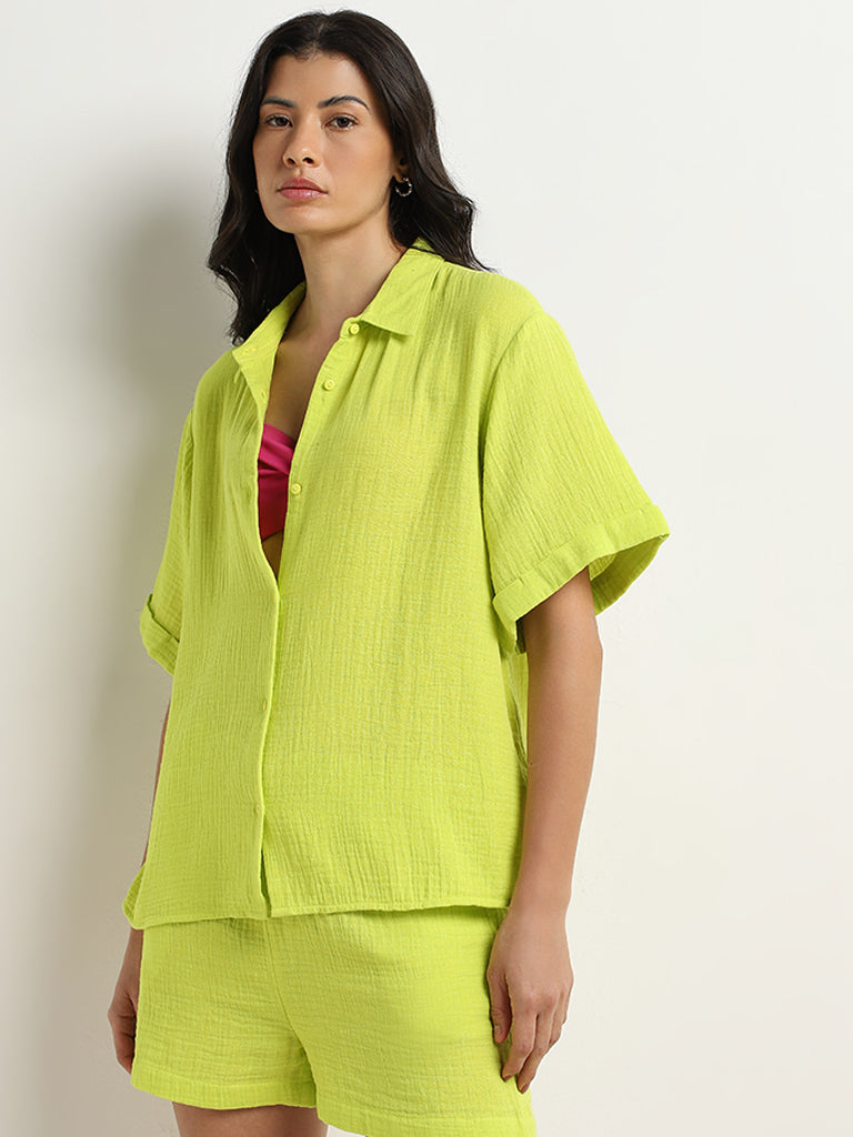 Wunderlove Lime Crinkle Textured Cotton Beach Shirt