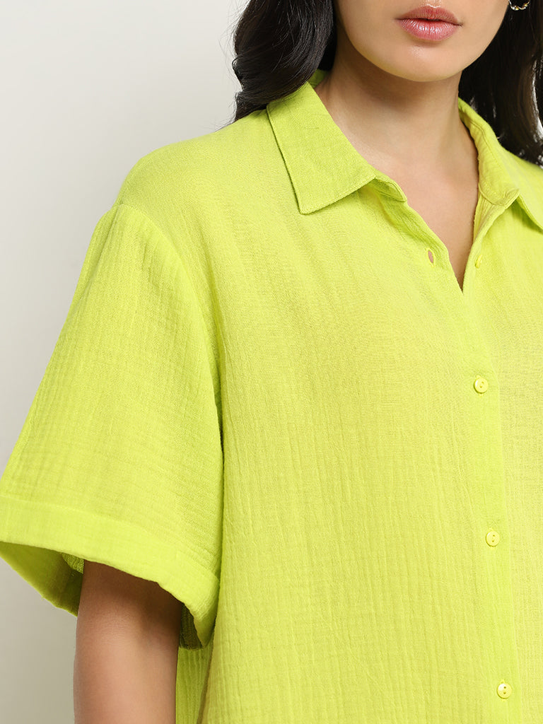 Wunderlove Lime Crinkle Textured Cotton Beach Shirt