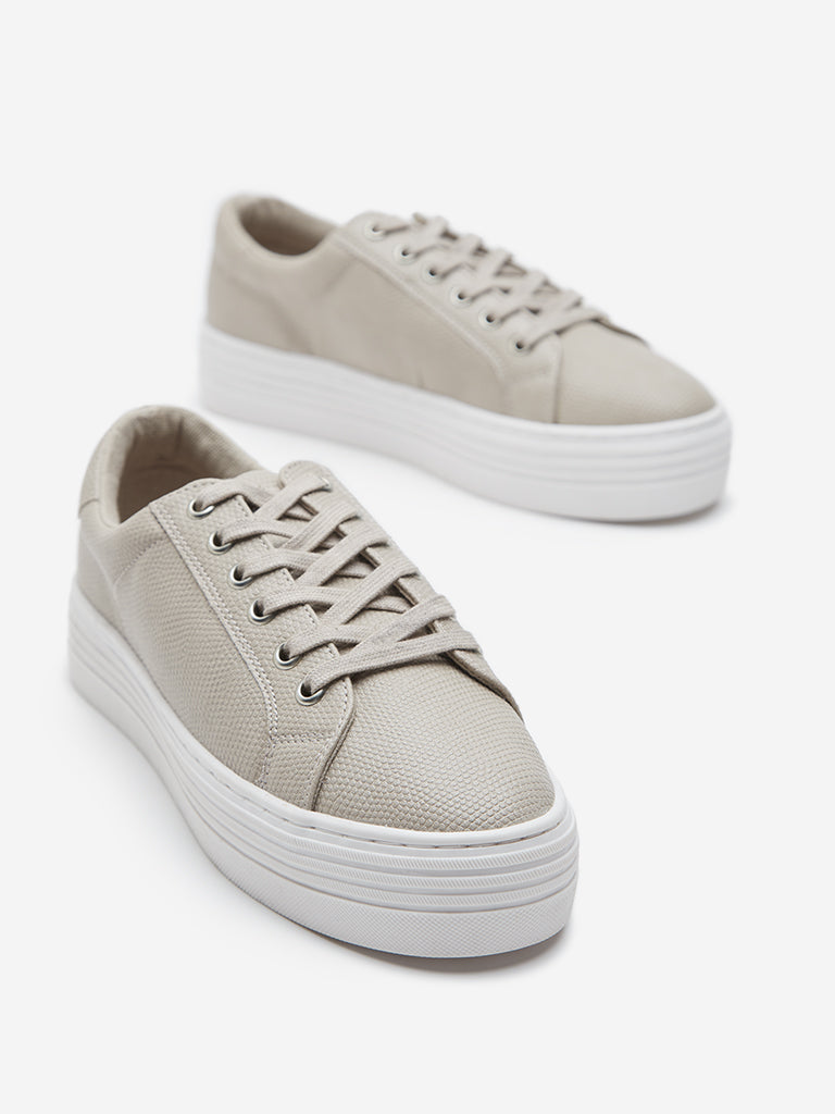 LUNA BLU Taupe Textured Lace-Up Sneakers