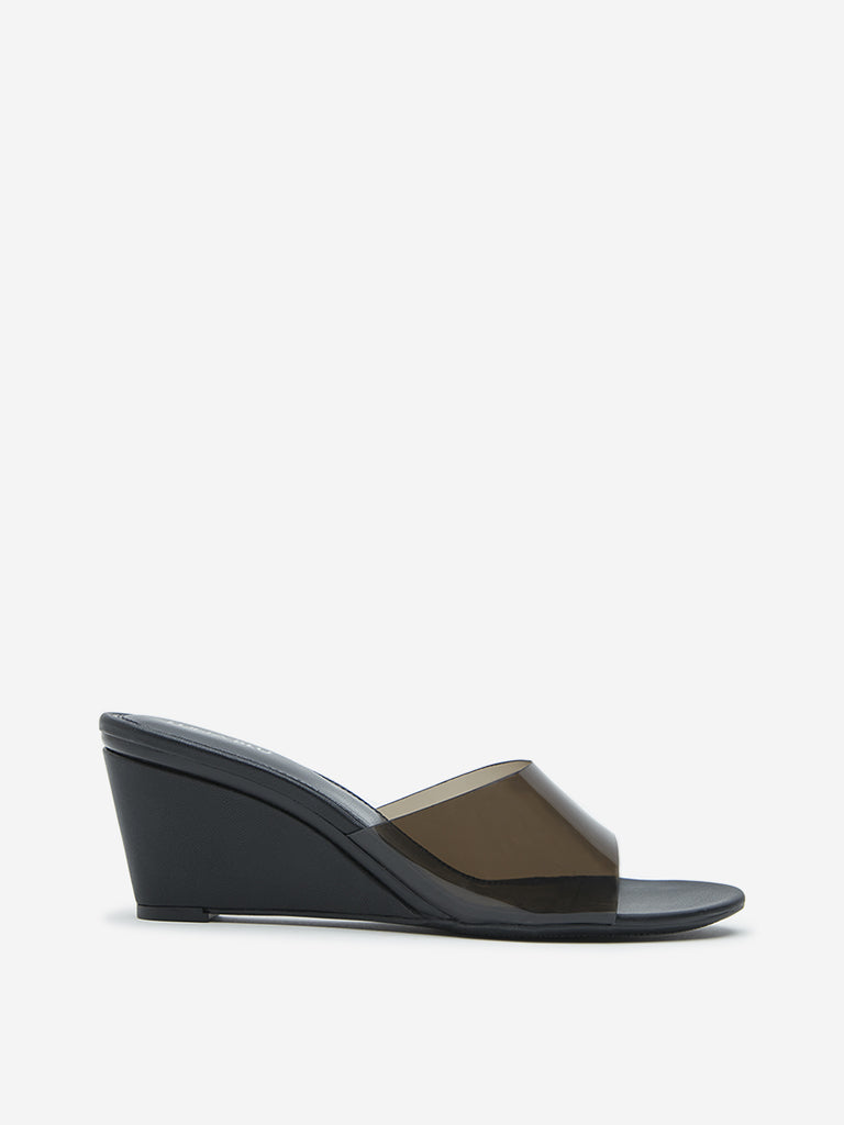 LUNA BLU Black Vinyl Wedge Heel Sandals