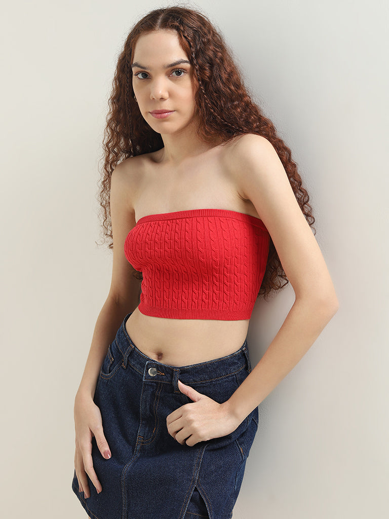 Nuon Red Knit-Textured Tube Top