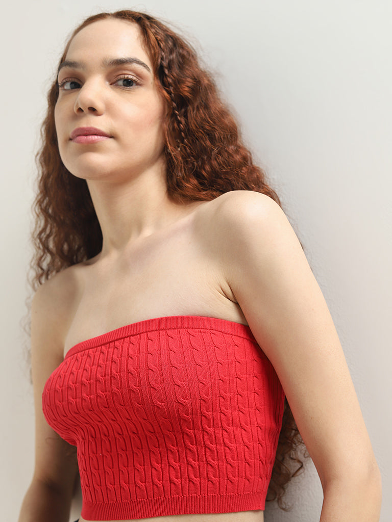 Nuon Red Knit-Textured Tube Top