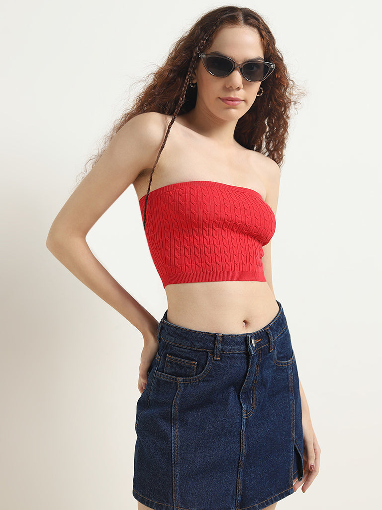 Nuon Red Knit-Textured Tube Top