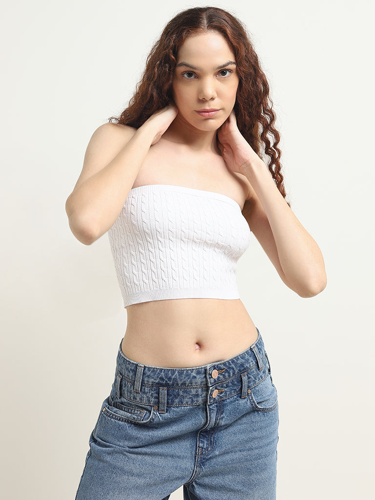 Nuon White Knit-Textured Tube Top