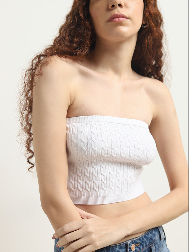 Nuon White Knit-Textured Tube Top