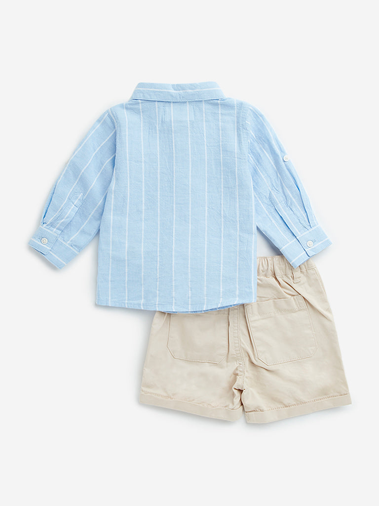 HOP Baby Blue Striped Cotton Blend Shirt with Shorts Set