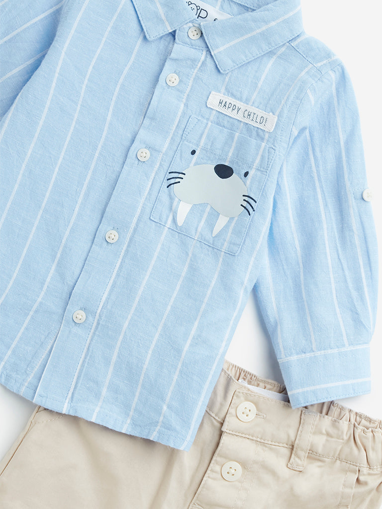 HOP Baby Blue Striped Cotton Blend Shirt with Shorts Set