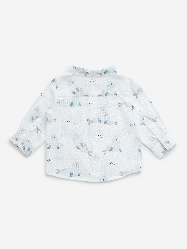 HOP Baby White Animal Printed Seersucker Cotton Shirt