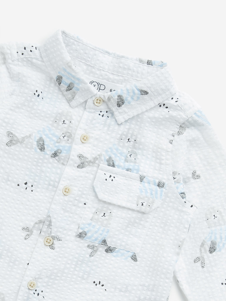 HOP Baby White Animal Printed Seersucker Cotton Shirt