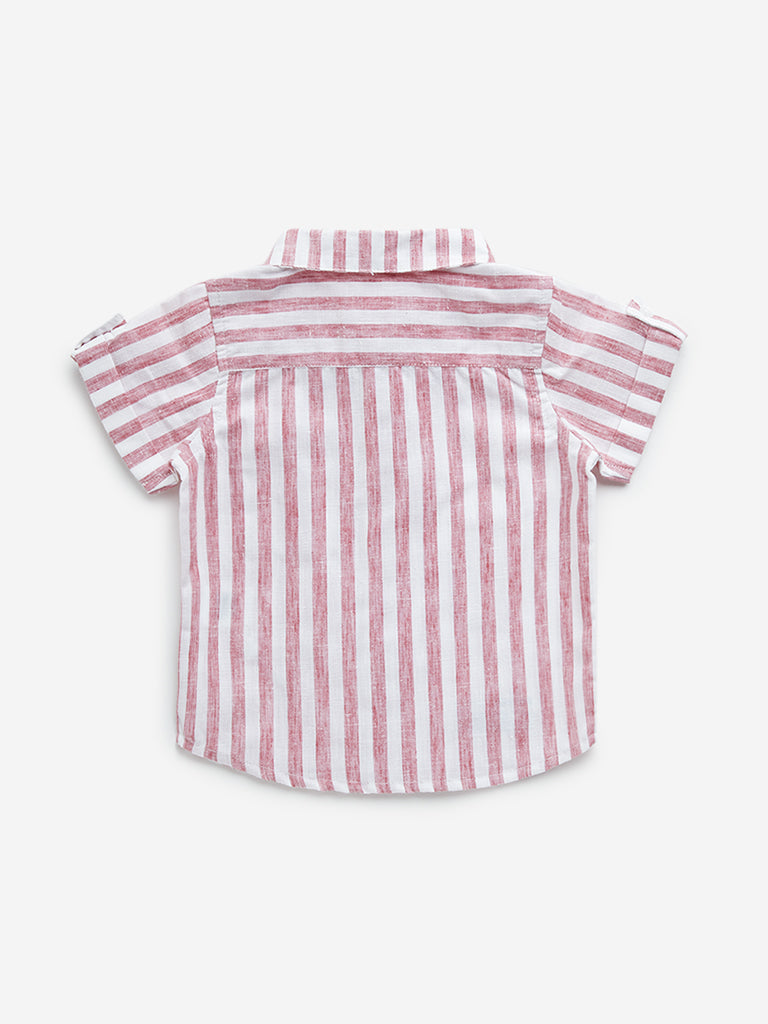 HOP Baby Red Striped Animal Embossed Cotton Shirt