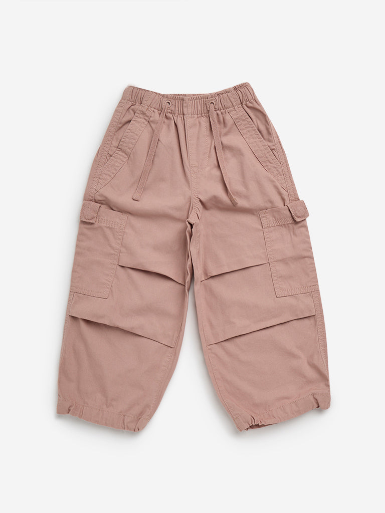 HOP Kids Dusty Pink Cargo-Style High-Rise Cotton Trousers