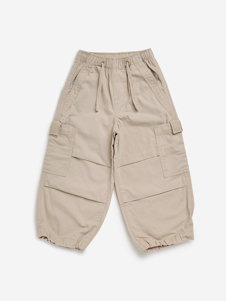 HOP Kids Beige Cargo-Style High-Rise Cotton Trousers