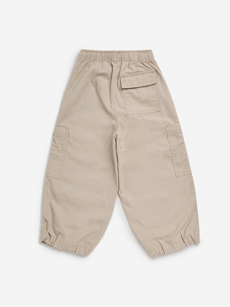 HOP Kids Beige Cargo-Style High-Rise Cotton Trousers