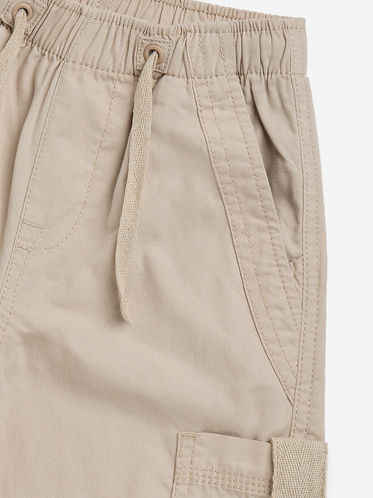 HOP Kids Beige Cargo-Style High-Rise Cotton Trousers