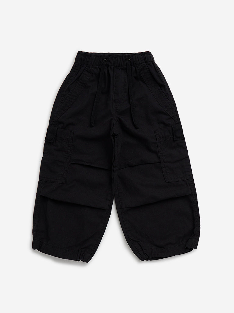 HOP Kids Black Cargo-Style High-Rise Cotton Trousers