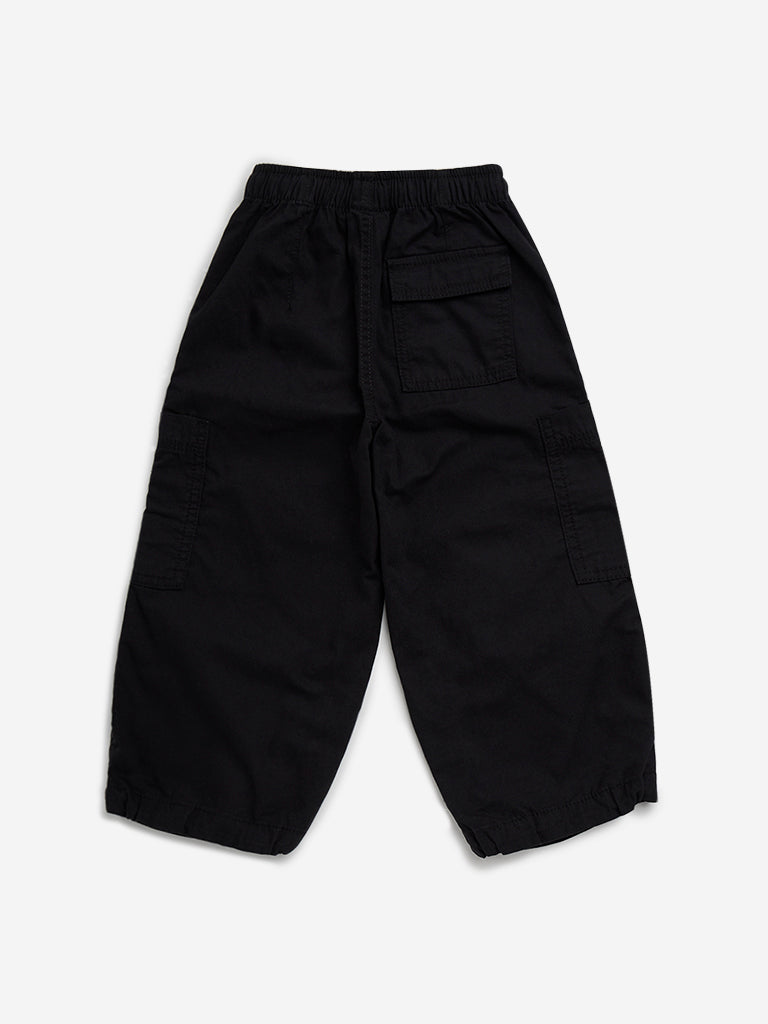 HOP Kids Black Cargo-Style High-Rise Cotton Trousers