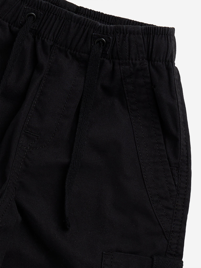 HOP Kids Black Cargo-Style High-Rise Cotton Trousers