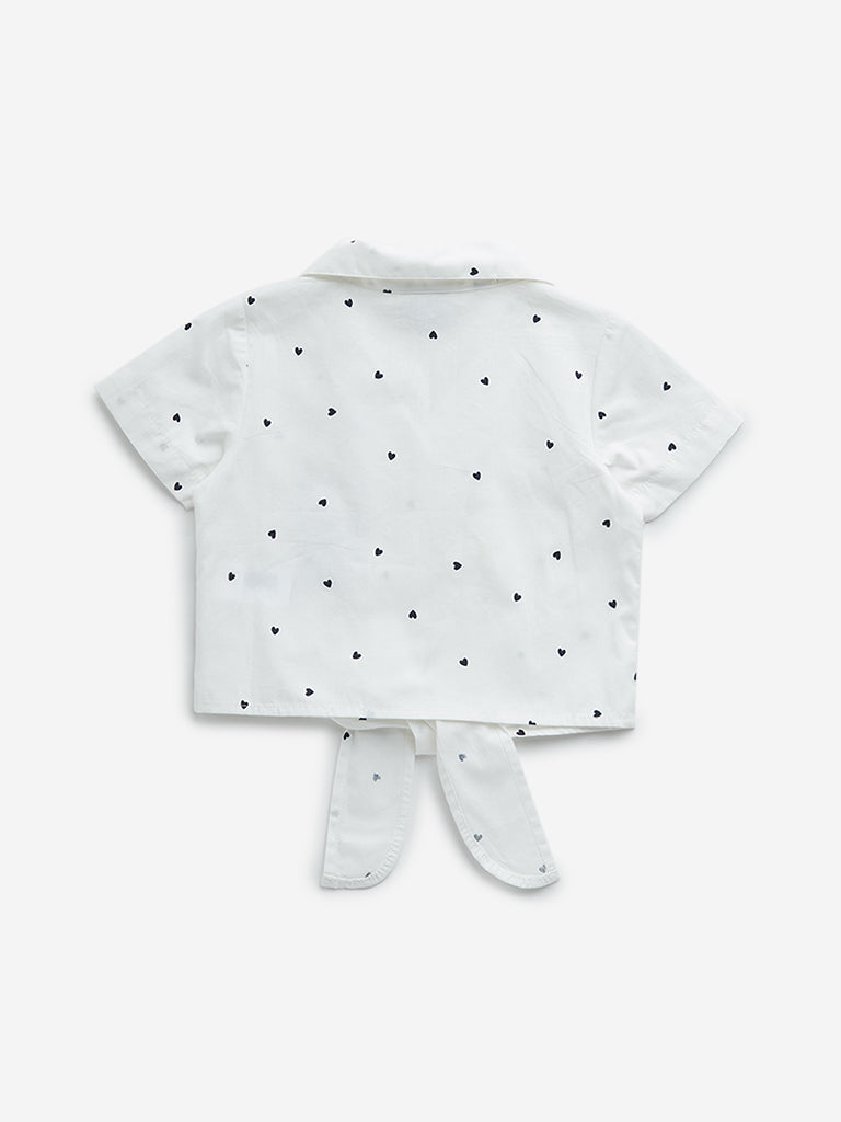 HOP Kids Off-White Cat Embroidered Tie-Up Cotton Shirt