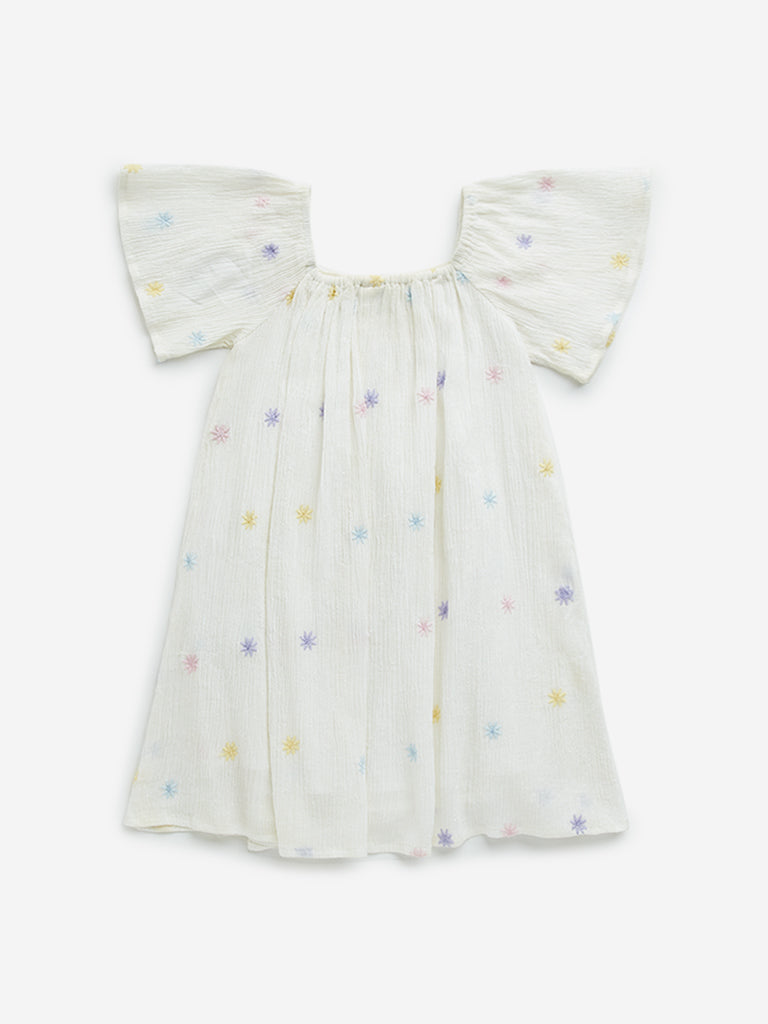 HOP Kids Off-White Floral Embroidered A-Line Cotton Dress