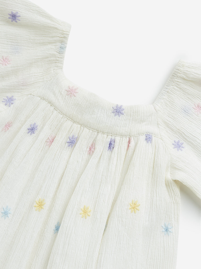 HOP Kids Off-White Floral Embroidered A-Line Cotton Dress