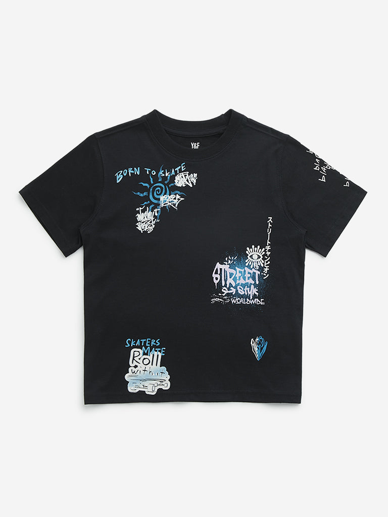 Y&F Kids Black Graphic Printed Cotton T-Shirt