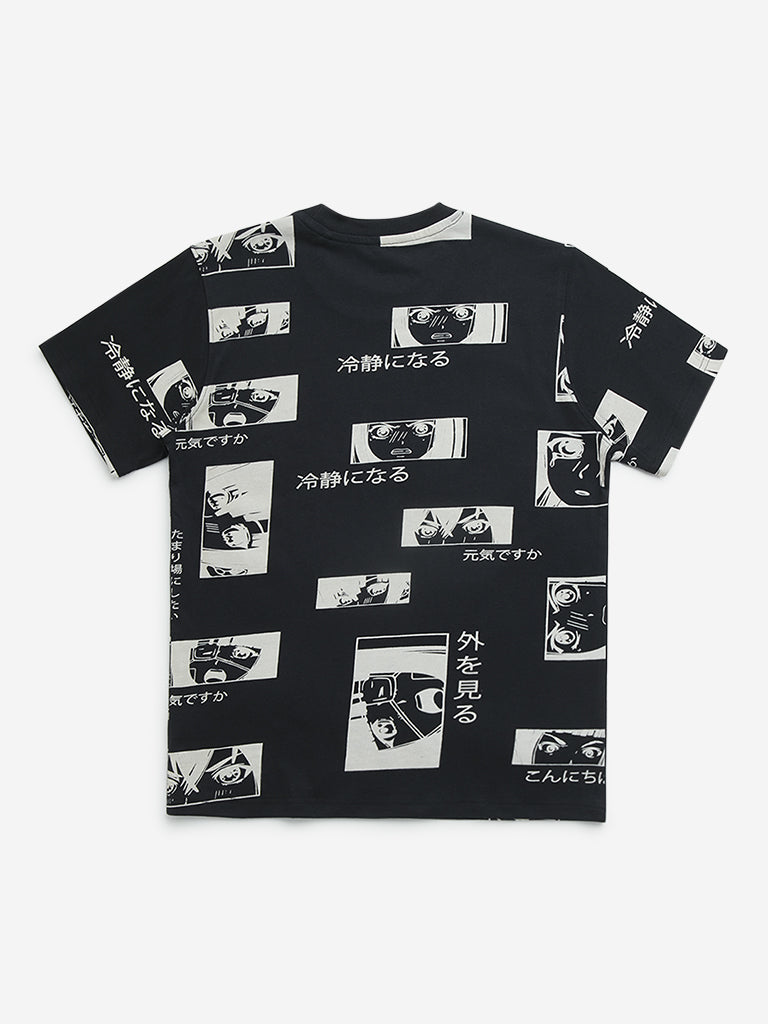 Y&F Kids Black Anime Printed Cotton T-Shirt