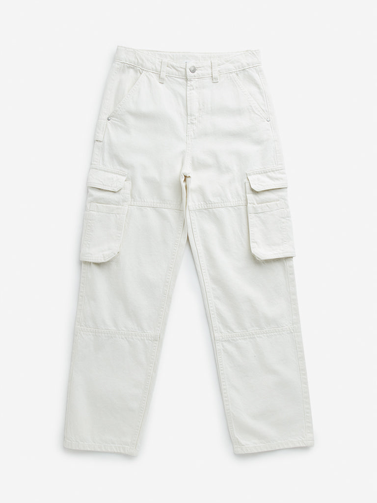 Y&F Kids Off-White Cargo-Style Relaxed - Fit Mid - Rise Jeans