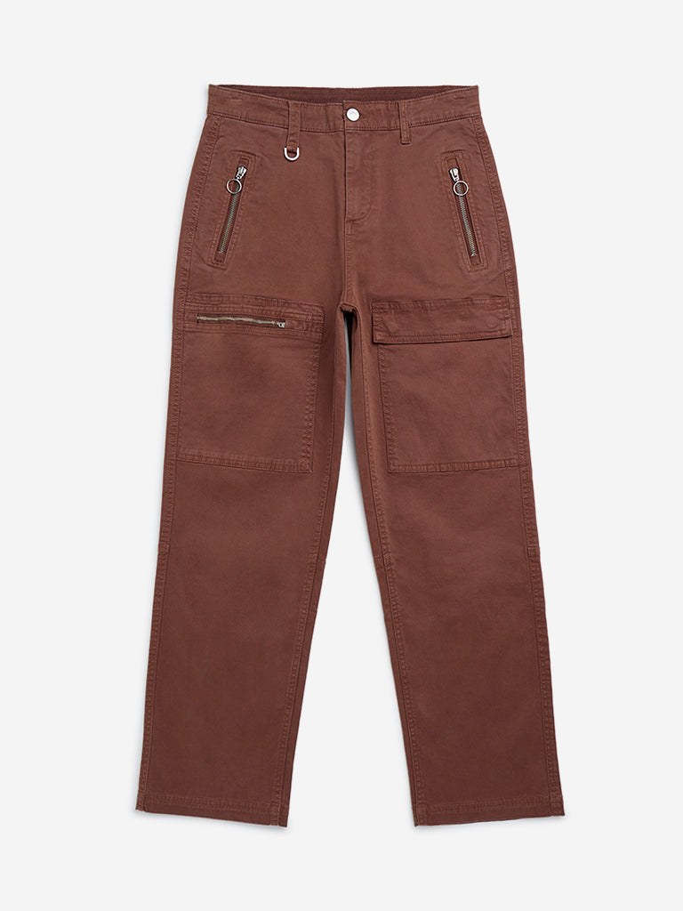 Y&F Kids Brown Cargo-Style Mid-Rise Cotton Blend Trousers