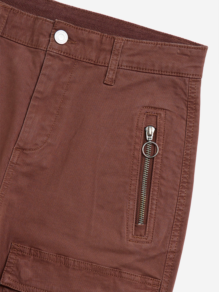 Y&F Kids Brown Cargo-Style Mid-Rise Cotton Blend Trousers