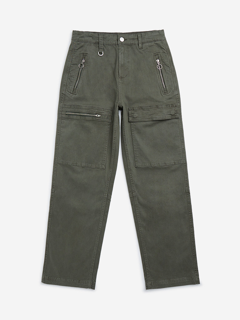 Y&F Kids Olive Cargo-Style Mid-Rise Cotton Blend Trousers