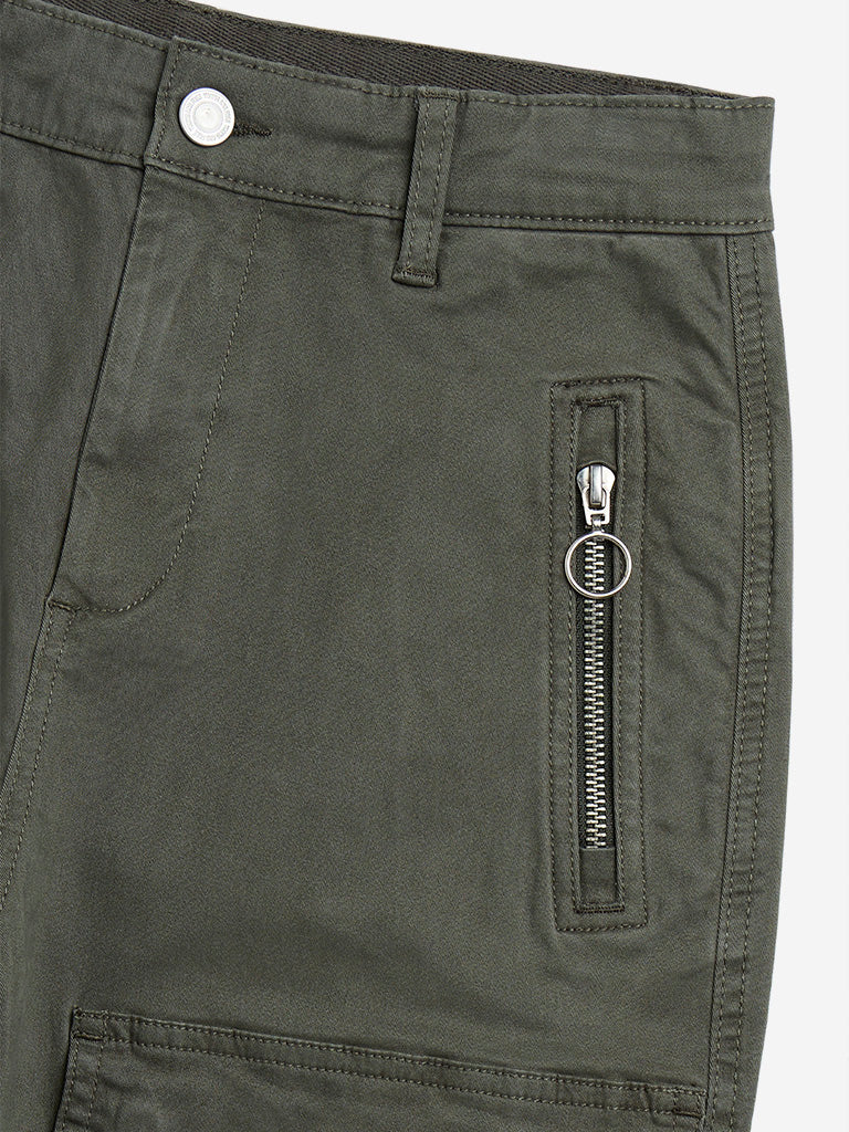 Y&F Kids Olive Cargo-Style Mid-Rise Cotton Blend Trousers