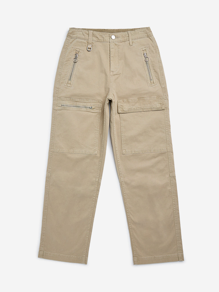 Y&F Kids Beige Cargo-Style Mid-Rise Cotton Blend Trousers