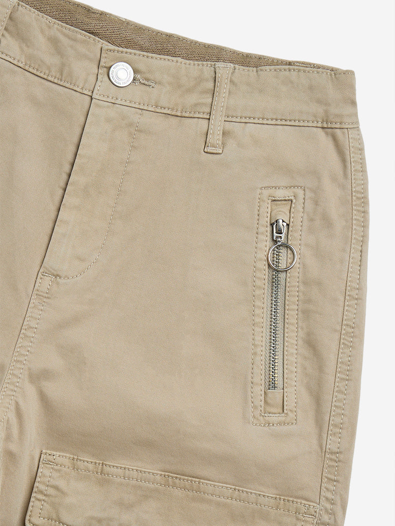 Y&F Kids Beige Cargo-Style Mid-Rise Cotton Blend Trousers