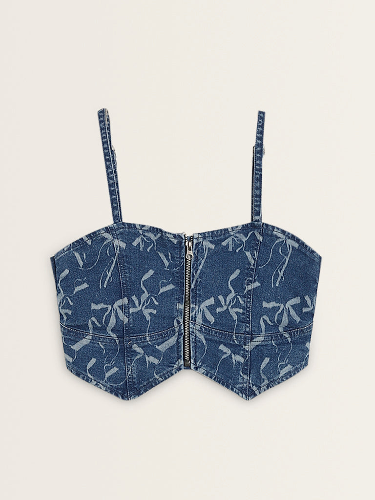 Nuon Dark Blue Bow Design Denim Crop Top